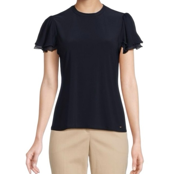 Tommy Hilfiger Tiered Ruffle Short Sleeve Tee Black, Size Small NWT Office - Picture 1 of 9